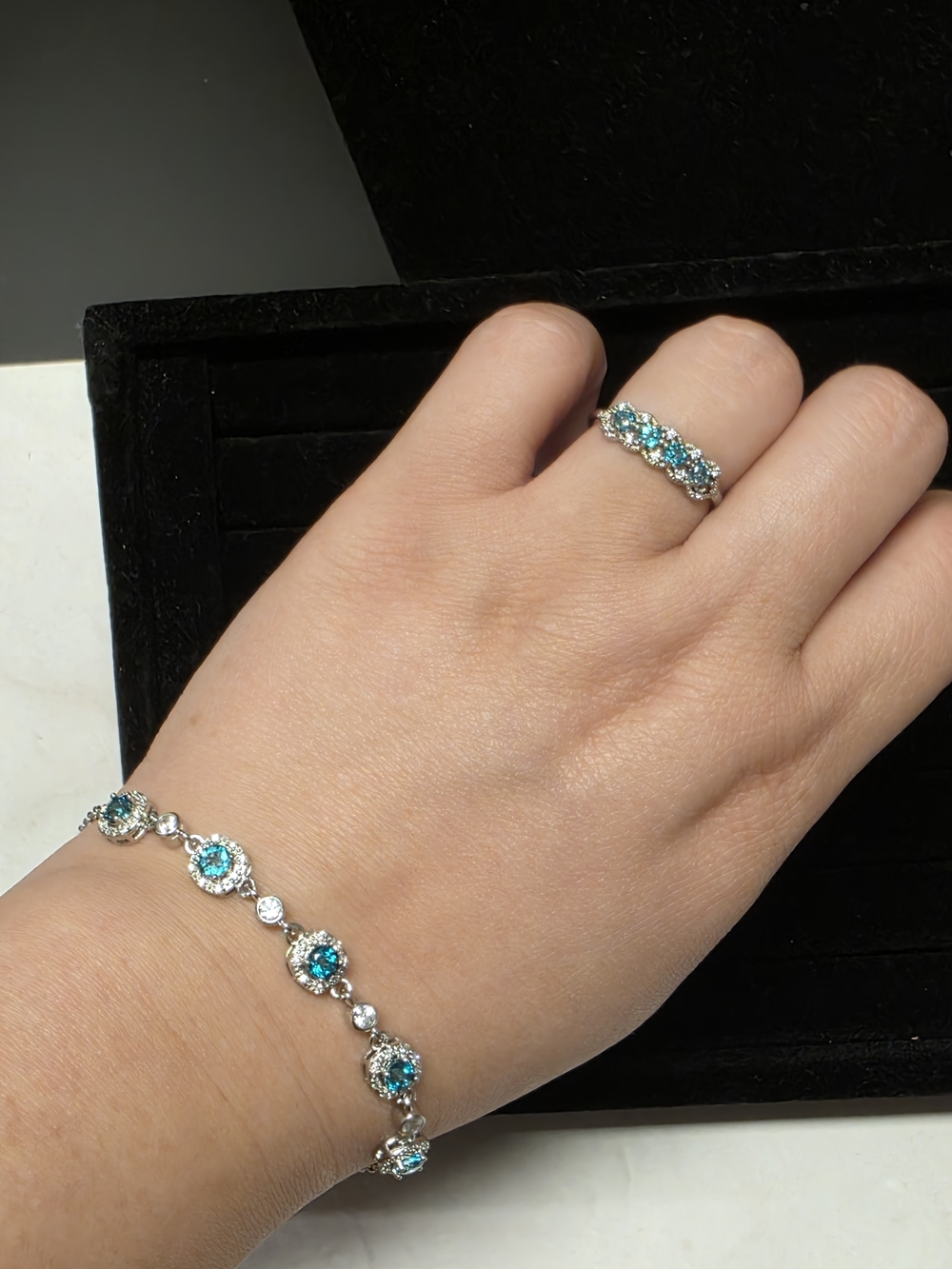 Paraiba Hue Halo Bracelet and Ring Set